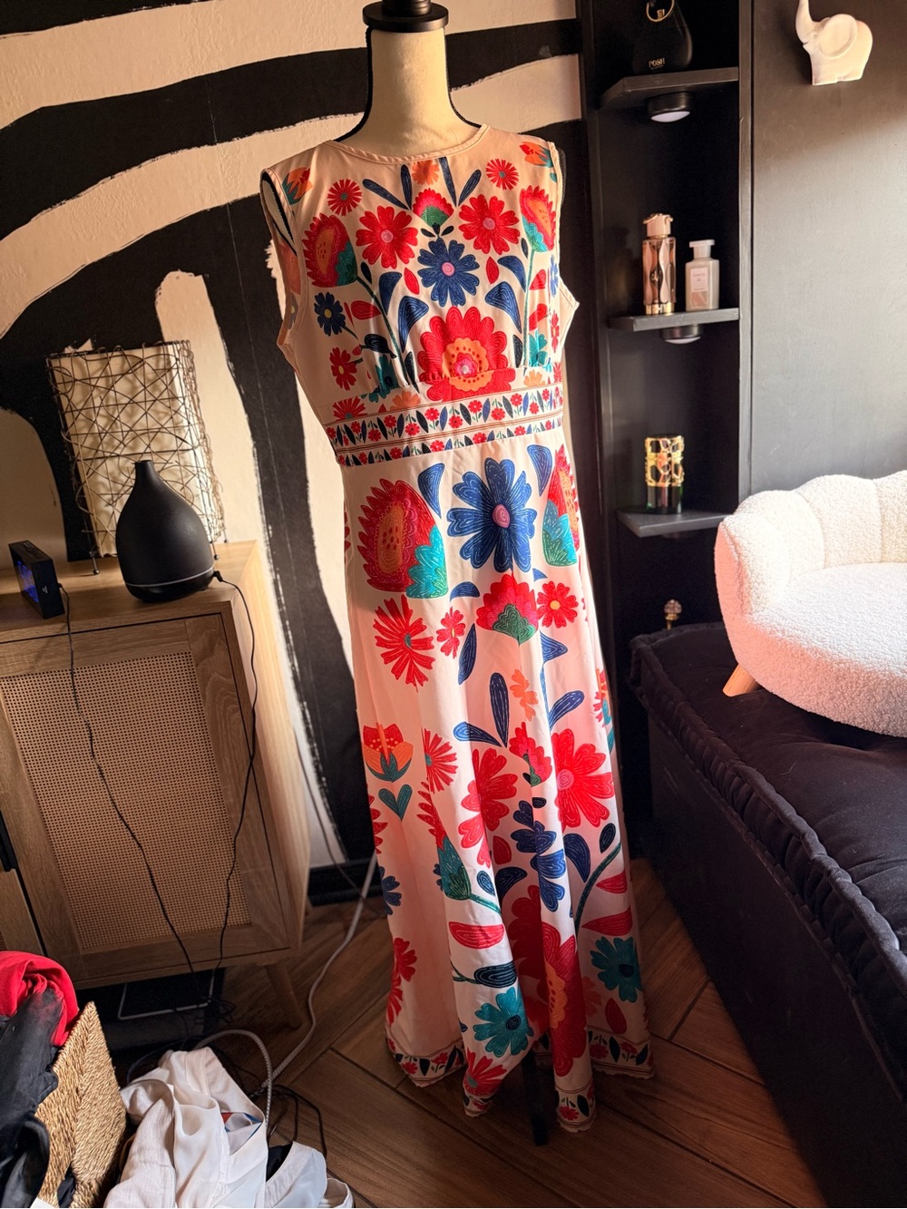 Floral Maxi Dress in White with Red & Blue Flowers - Picture 2 of 5